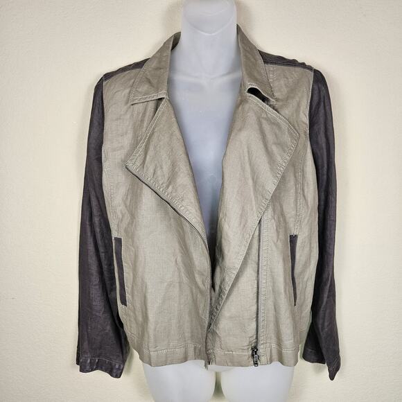 Eileen Fisher Moto Jacket Coated Organic Linen Asymmetric Casual Taupe Size PL - Picture 9 of 16